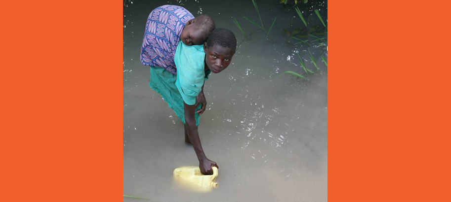 mom and child harvesting dirty water